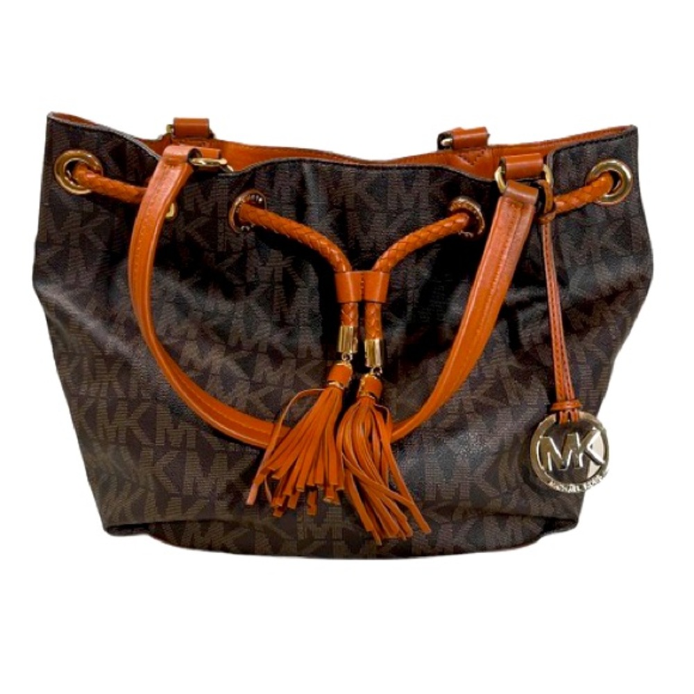 MICHAEL KORS | Jet Set Fringe Drawstring Tote Bag Brown/Tan Leather Genuine